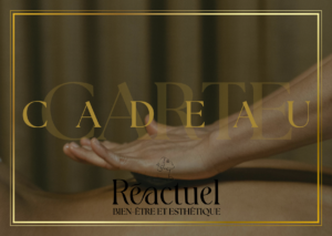Carte cadeau modelages corps de l’institut Réactuel, main d’esthéticienne posée sur un dos pour un massage bien-être à Gouvieux