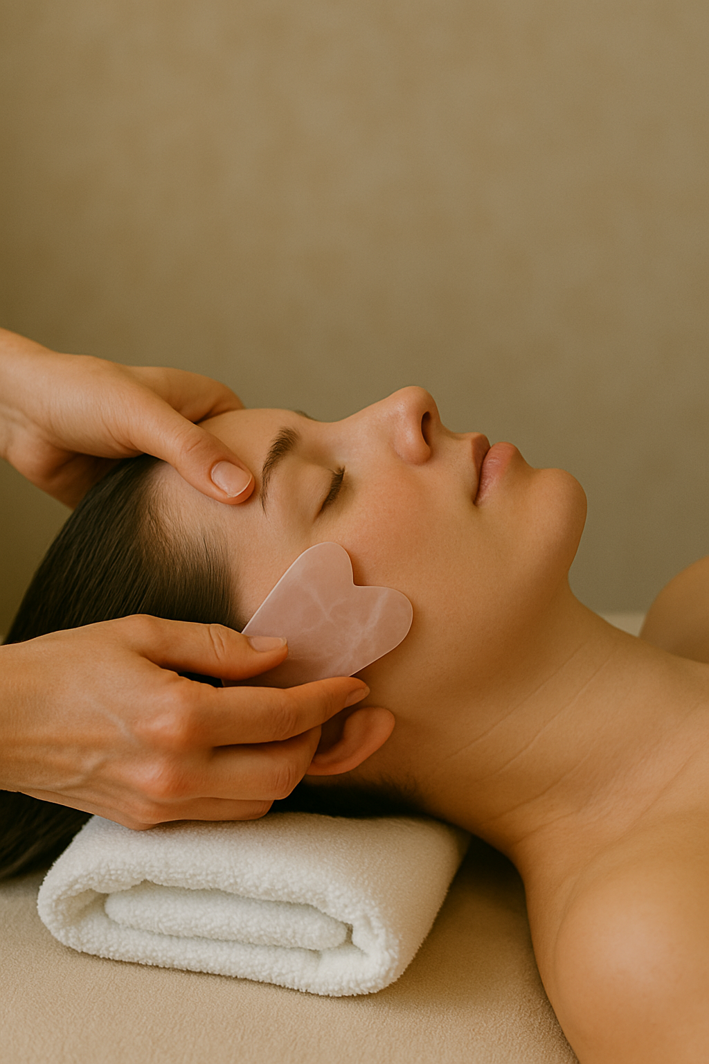 Massage gua sha visage Réactuel Massage du visage au gua sha, pierre lisse glissant sur la peau pour détendre et sculpter les traits.