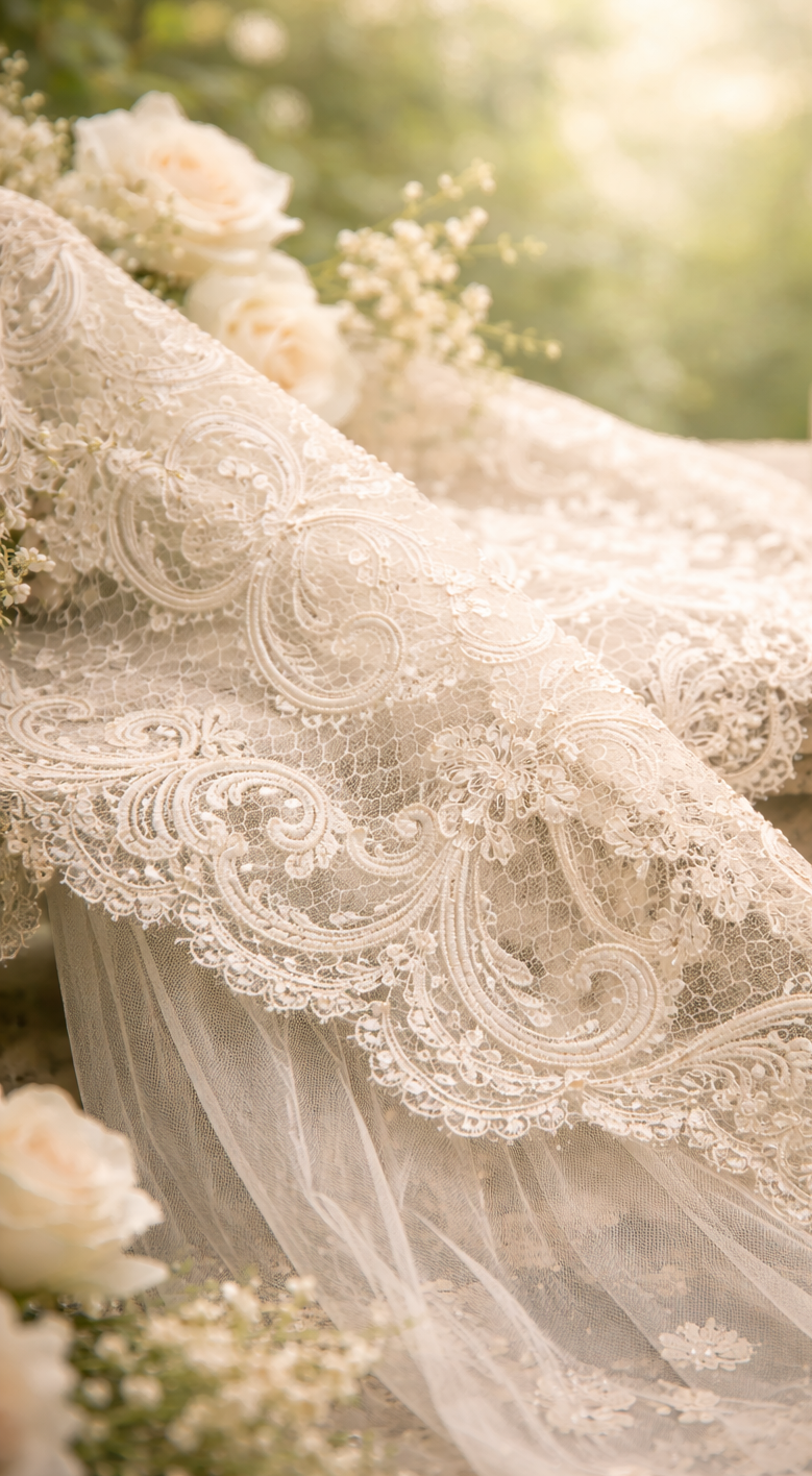Dentelle de Chantilly posée dans un jardin esprit château, symbole du soin signature haut de gamme de l’institut Réactuel à Gouvieux près de Chantilly