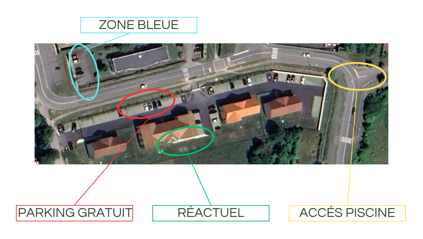 Plan d’accès et parking gratuit pour Réactuel à Gouvieux (Oise) : zone bleue, emplacement institut, accès piscine et stationnement gratuit.